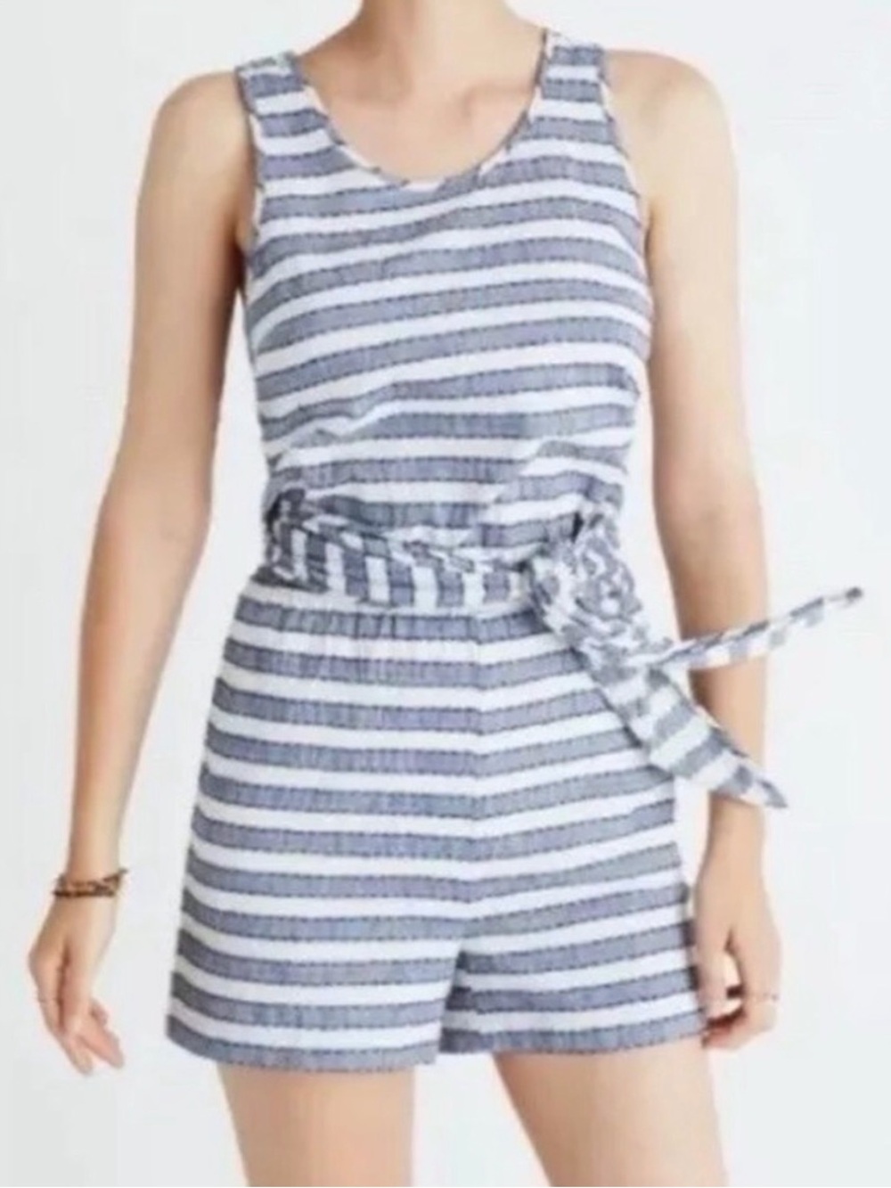 Madewell Blue and White Striped Sleeveless Belted Romper